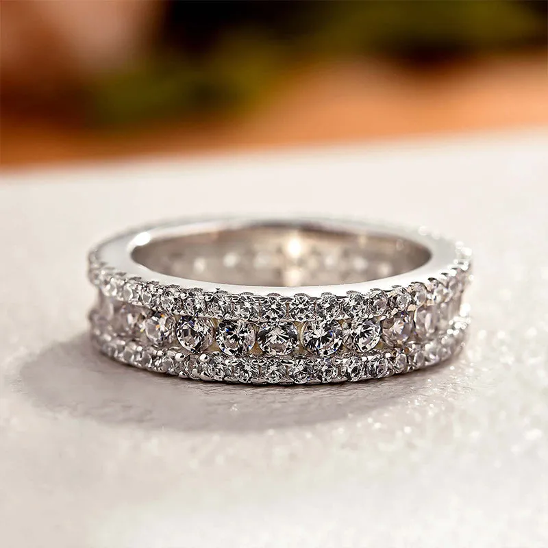 Stunning 3 Row Design Round Cut Sterling Silver Wedding Band