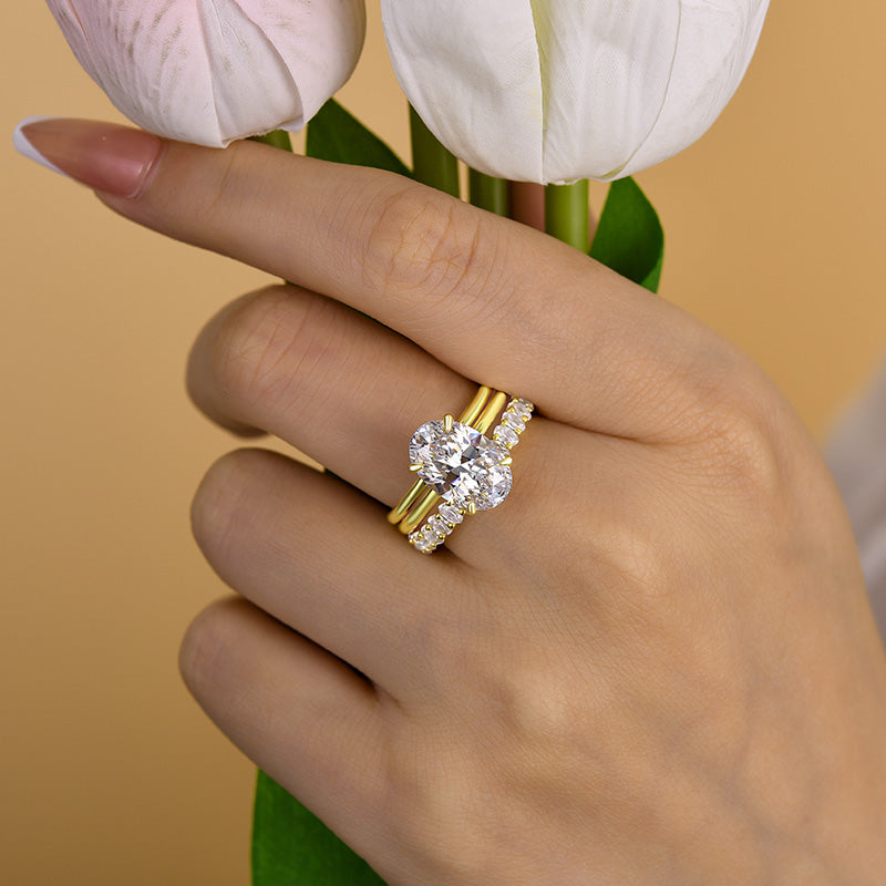 Luxurious 3PCS Golden Tone Oval Cut Sterling Silver Wedding Bridal Set