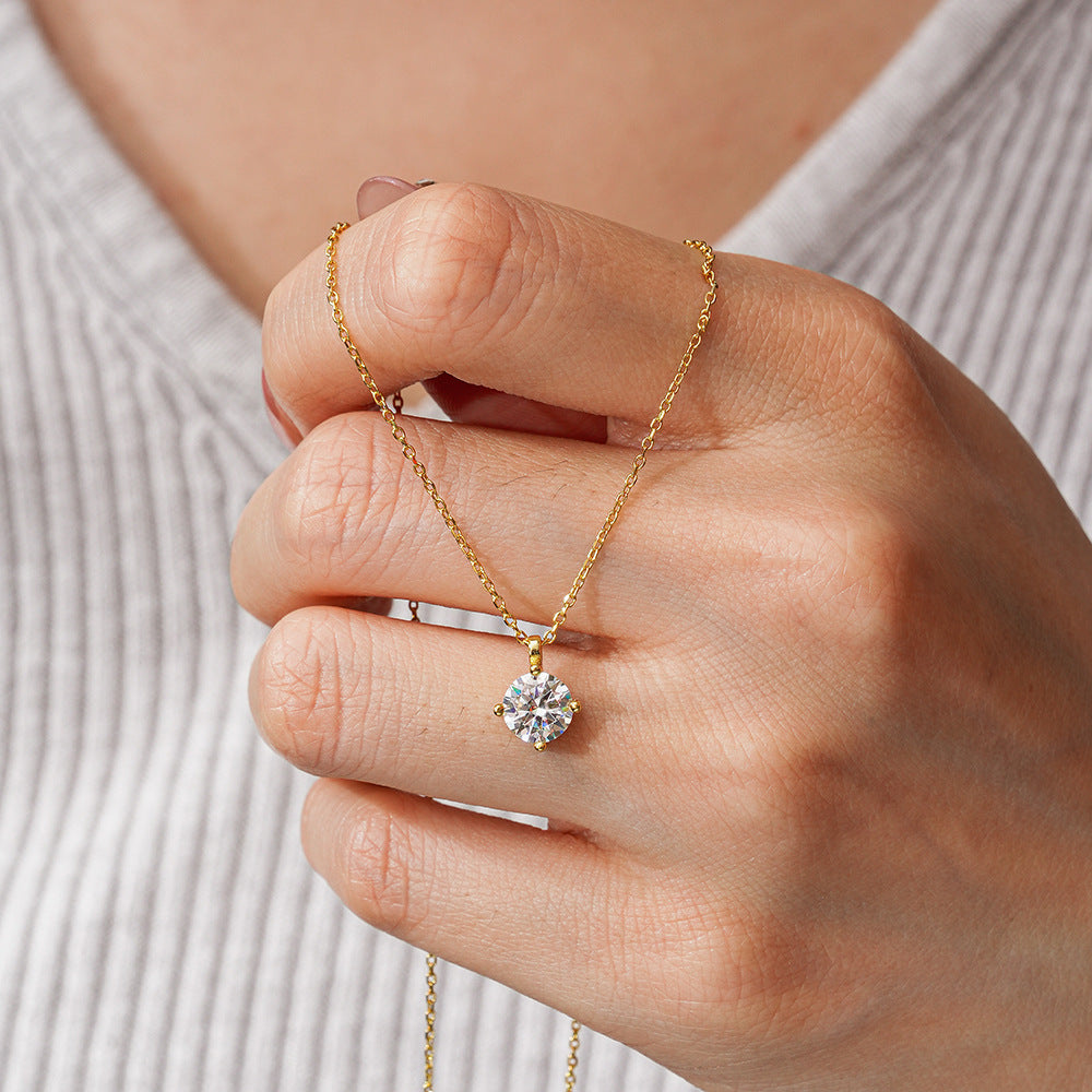 Round Cut Moissanite Four Prong Pendant Necklace in Sterling Silver