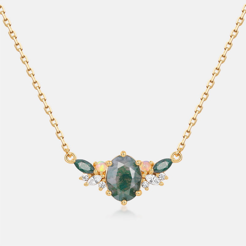 Luxury Natural Green Moss Agate Silver Neckalce