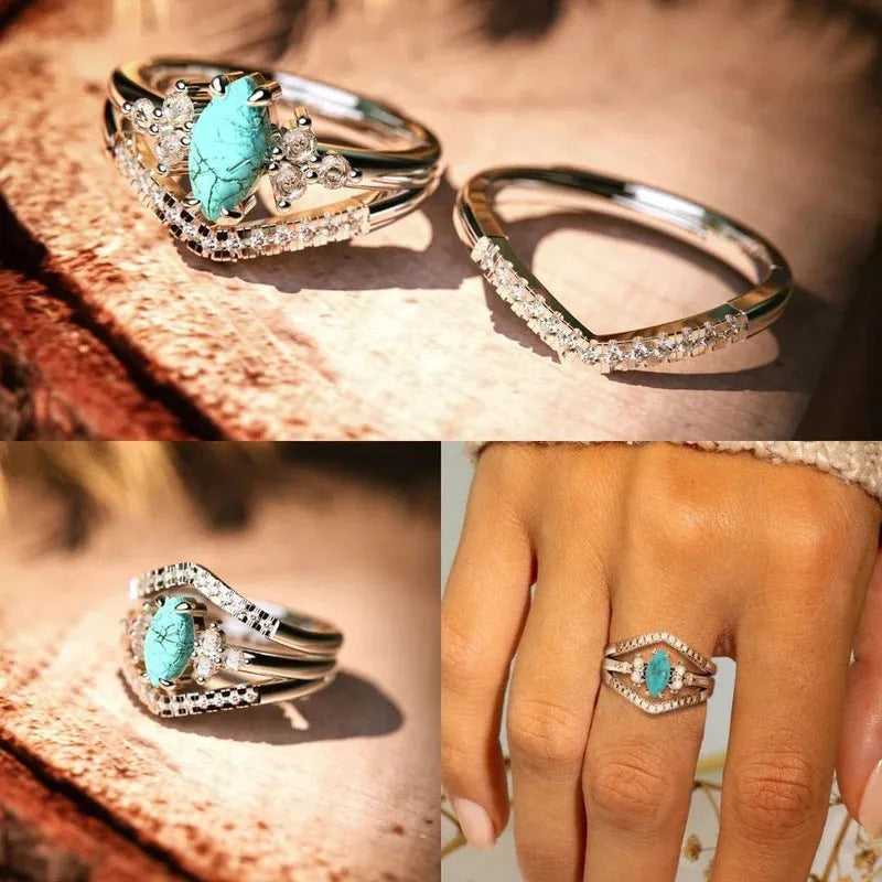 Vintage Turquoise Marquise Shape Ring Set