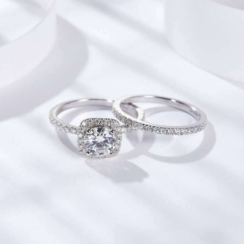 Round Cut D Color Moissanite Sterling Silver Halo Wedding Ring Set