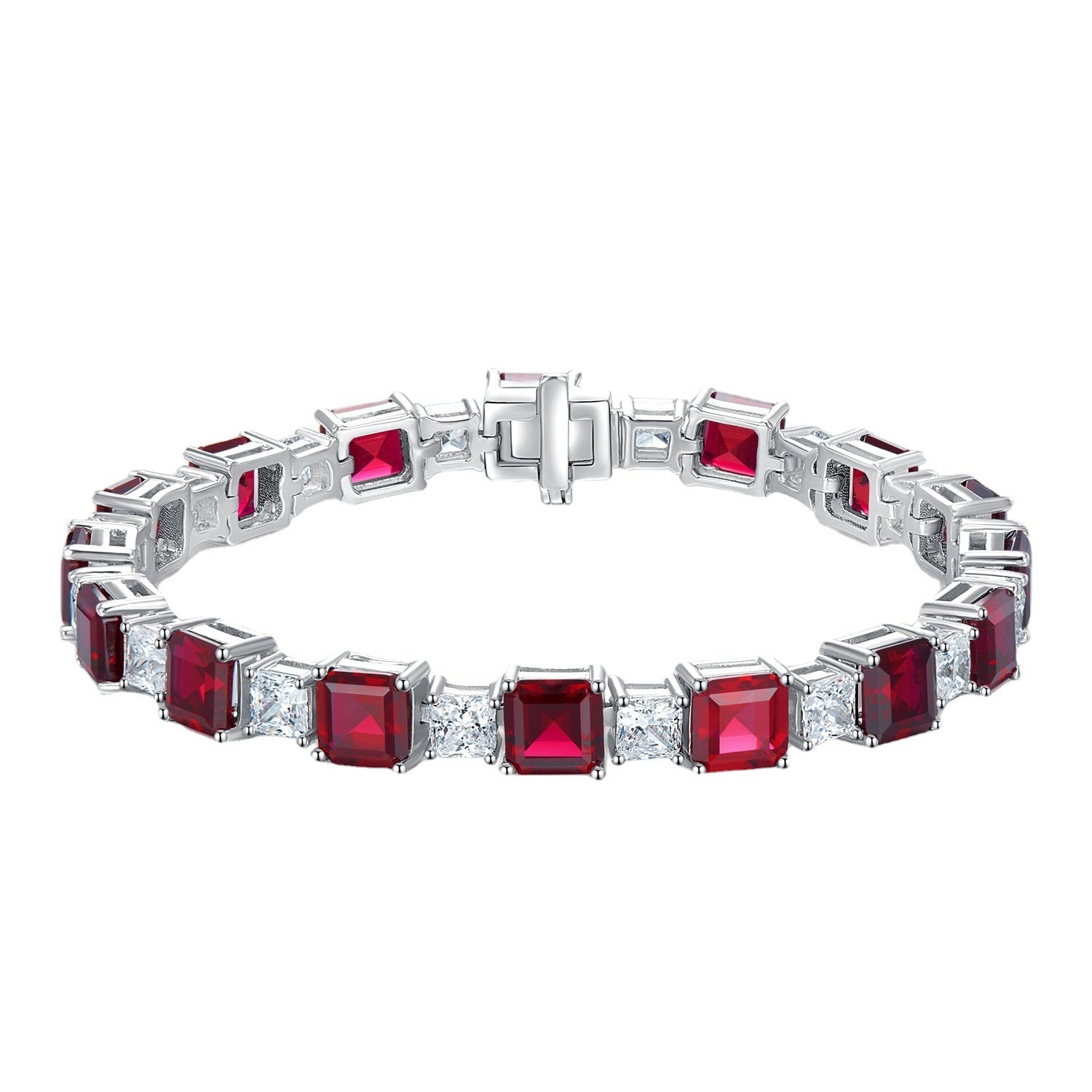Classic Baguette Emerald Blue Red Gemstone Tennis Bracelet in Sterling Silver