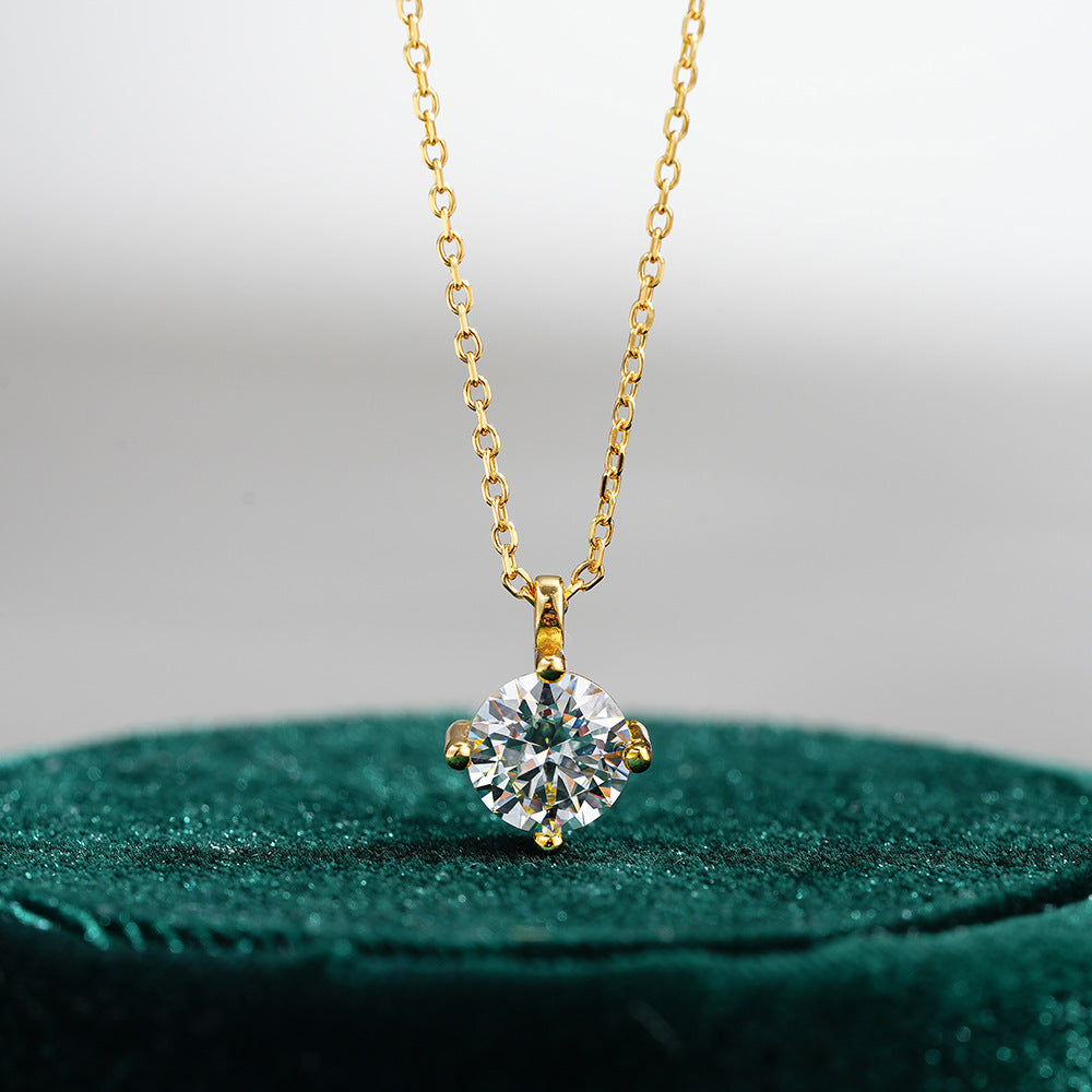 Round Cut Moissanite Four Prong Pendant Necklace in Sterling Silver