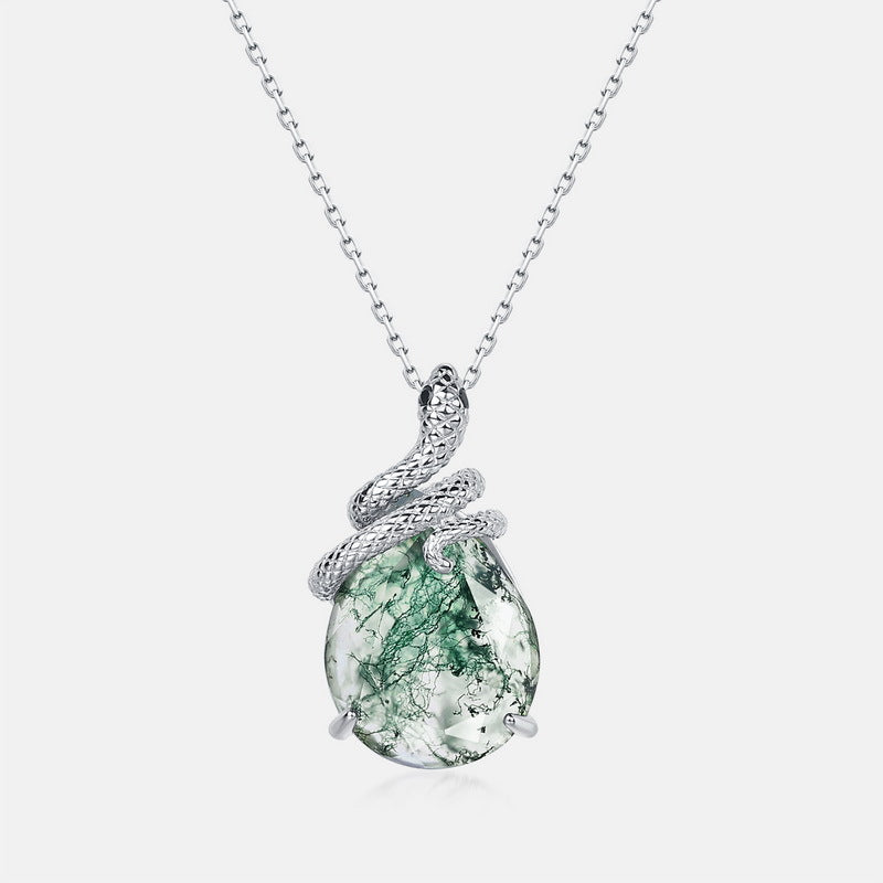 Snake Coiled Natural Green Moss Agate Pendant Necklace
