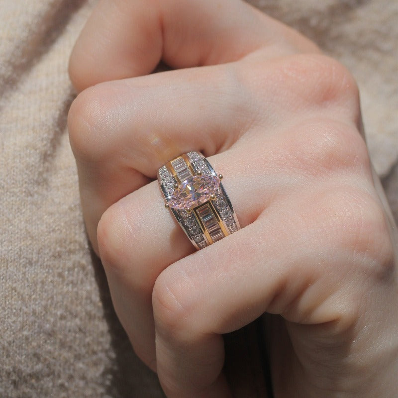 Three Row Marquise Cut Gold Accent Two Tone Engagement Ring