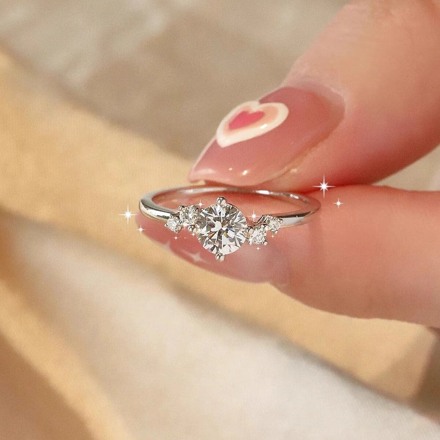 Round Cut Lunaire Cluster Moissanite Engagement Ring in Sterling Silver