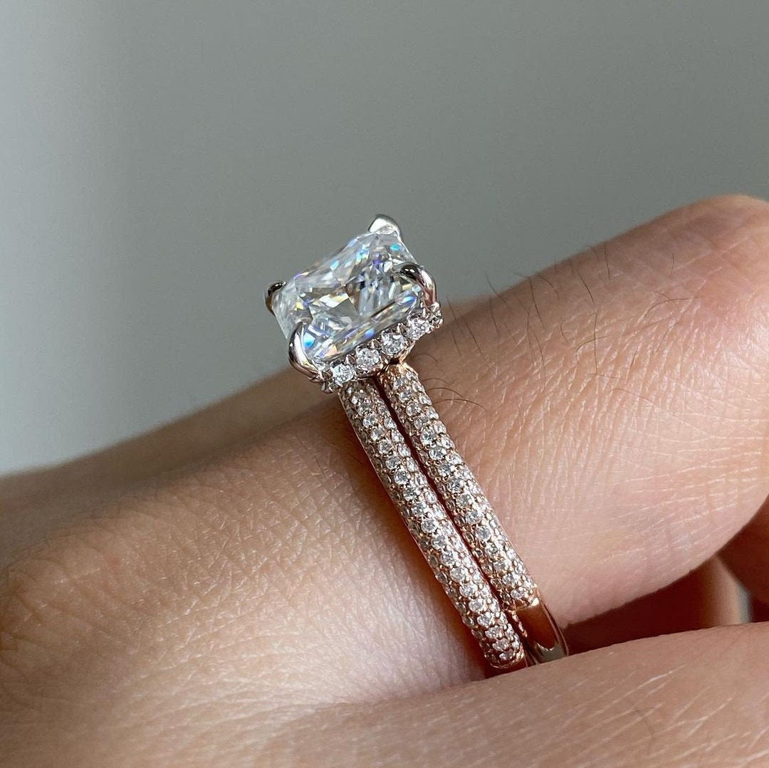 2Pcs Princess Cut Pave Bridal Ring Set in Sterling Silver