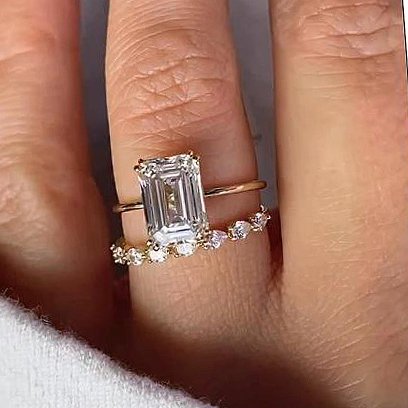 Emerald Cut Gold Tone Classic Bridal Ring Sets in Silver