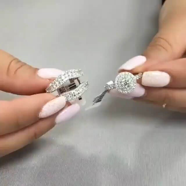 Double Halo Round Cut Insert Bridal Set Rings in Sterling Silver