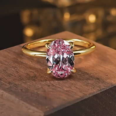 Classic Pink Tourmaline Oval Cut Golden Tone Engagement Ring