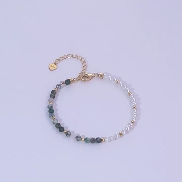 Natural Water Grass Agate with Pearls Sterling Silver Bracelet