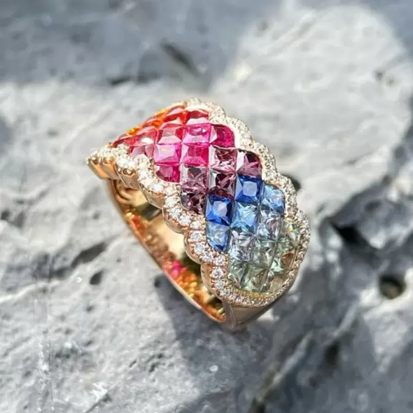 3.6ctw Princess Cut Rainbow Sapphire Band Ring