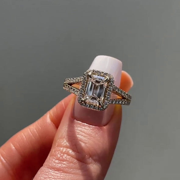 Luxurious Golden Tone Halo Emerald Cut Split Shank Engagement Ring