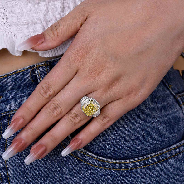 Yellow Halo Cushion Cut Three Stone Sterling Silver Engagement Ring