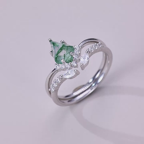 Retro Natural Green Moss Agate Ring Set For Women