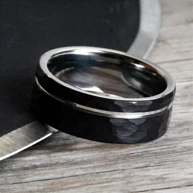 Hammered Black Tungsten Carbide Minimalist Men's Wedding Band