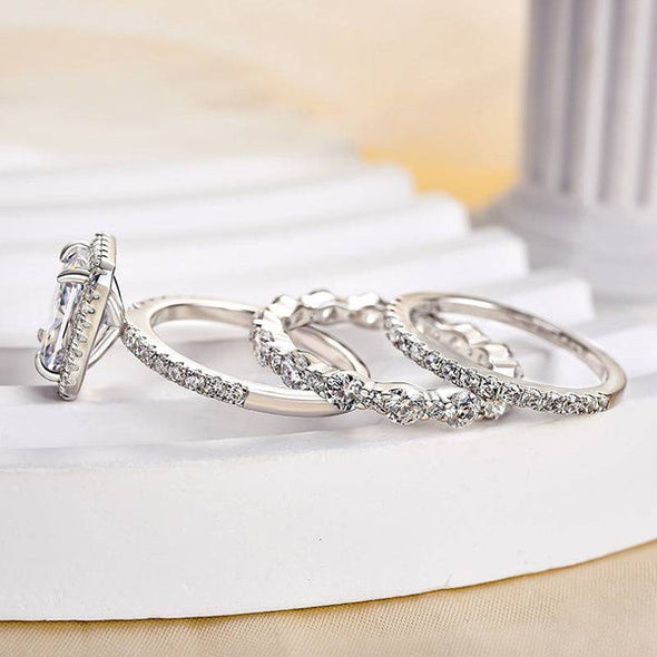 3PC Gorgeous Halo Radiant Cut Bridal Set In Sterling Silver