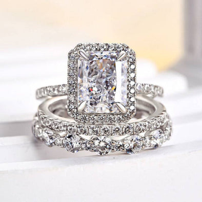 3PC Gorgeous Halo Radiant Cut Bridal Set In Sterling Silver