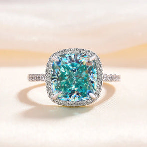 Exquisite Halo Cushion Cut Cyan Blue Sterling Silver Engagement Ring