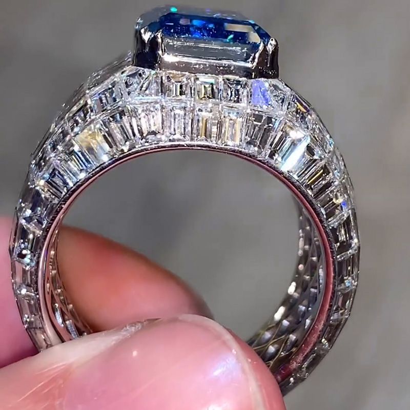 Blue Sapphire  Emerald Cut Luxury Men's Ring in Sterling Silver