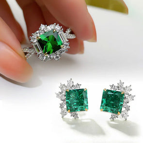 Vintage Princess Cut Emerald Engagement Ring/Radiant Cut Stud Earrings /Jewelry Set