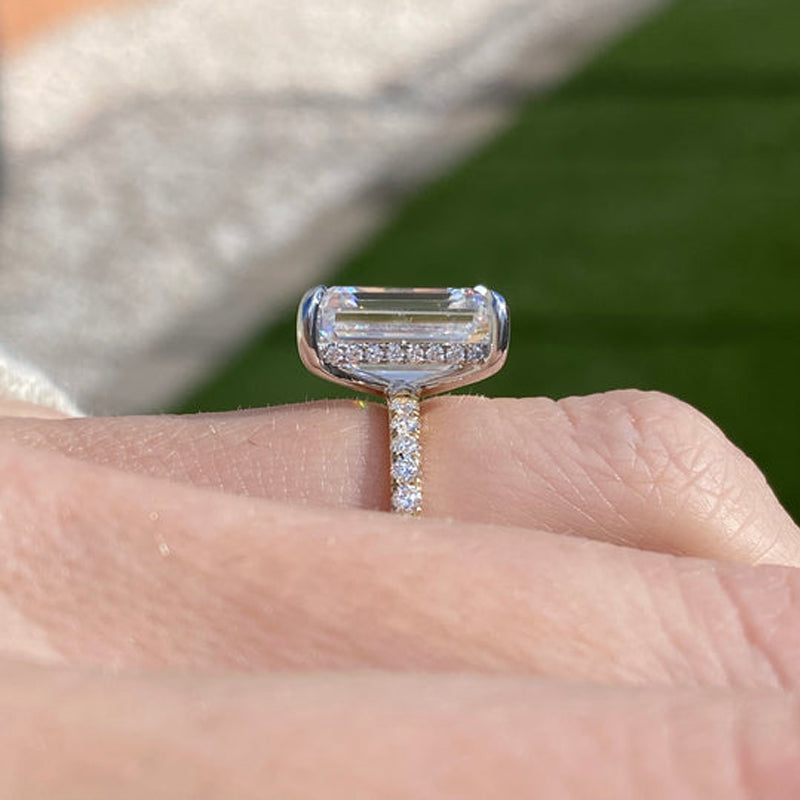5.0CT Golden Tone Emerald Cut Hidden Halo Wedding Bridal Set