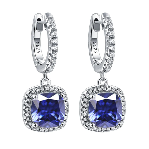 Birthstone Cushion Cut Halo Sterling Silver Drop Earrings