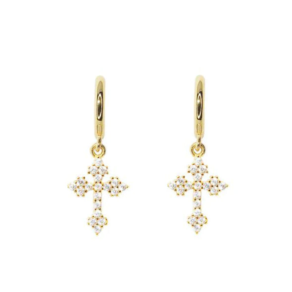 Golden Tone Faith Cross Design Drop Earrings In Sterling Silver