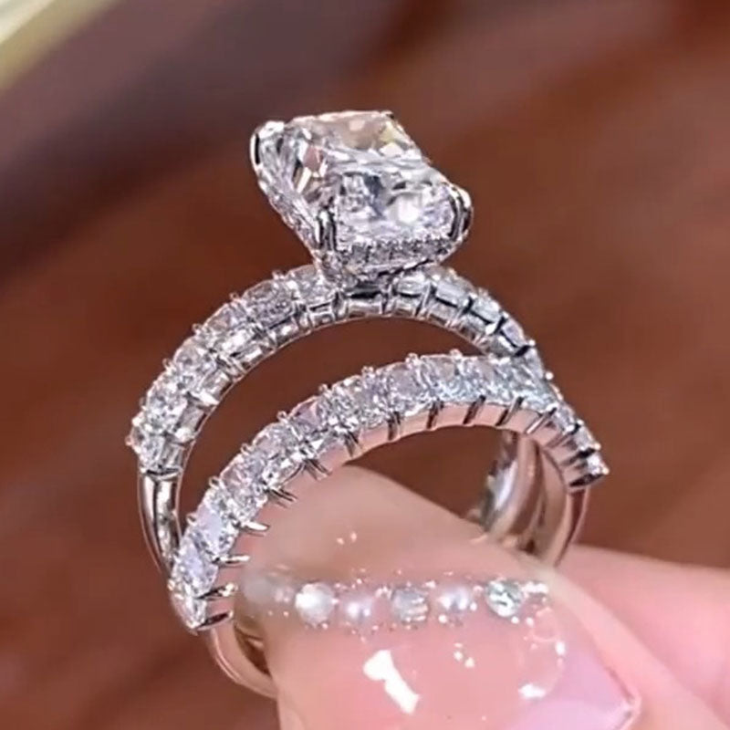 2Pcs Radiant Cut Sterling Silver Bridal Set with Eternity Band