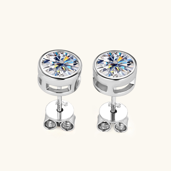 Bezel Round Cut Stud Earrings In Sterling Silver