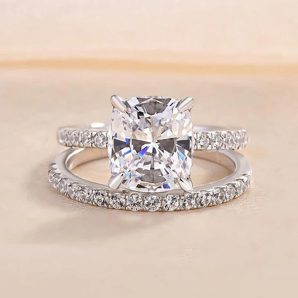 2Pcs Solitaire Golden Tone Cushion Cut Bridal Set Rings In Sterling Silver