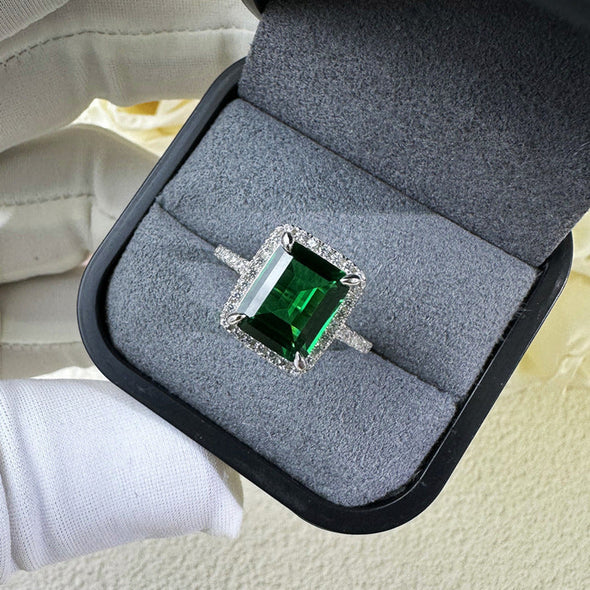 Multi-Color Halo Emerald Cut Engagement Ring In Sterling Silver