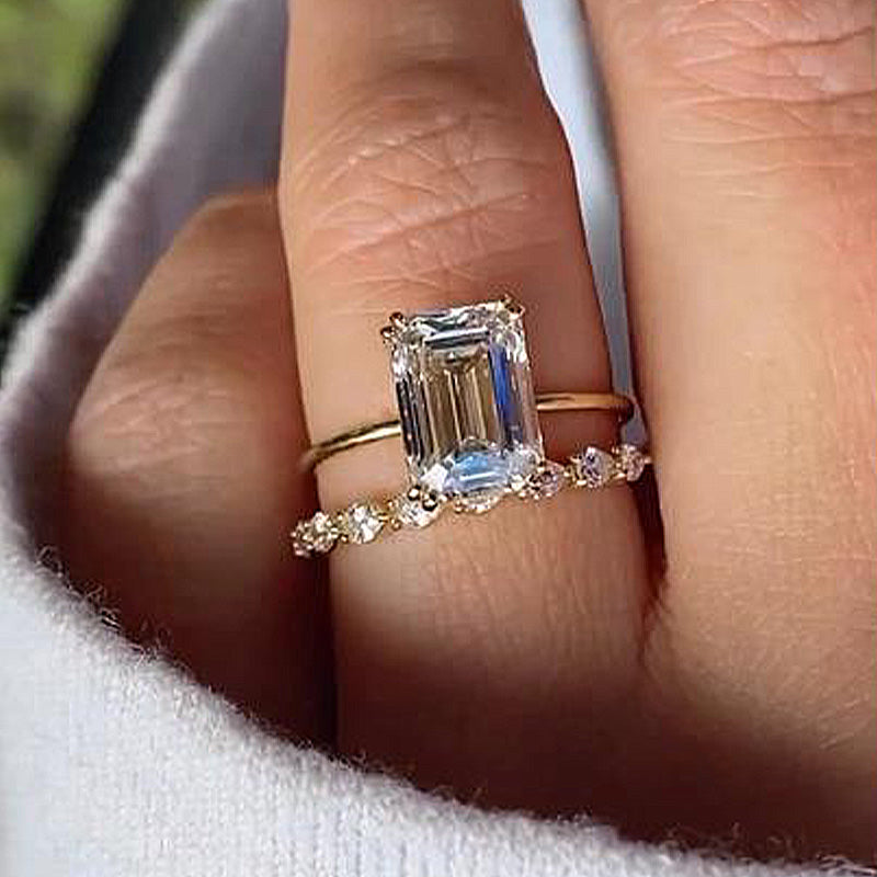 Luxurious Golden Tone Emerald Cut Sterling Silver Wedding Bridal Set