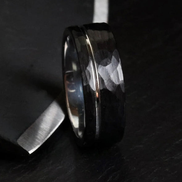 Hammered Black Tungsten Carbide Minimalist Men's Wedding Band