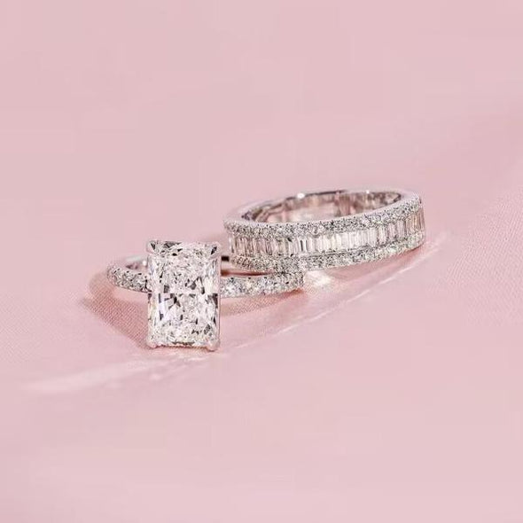 2PCS Radiant Cut Ring With Baguette Band Bridal Set in Sterling Silver