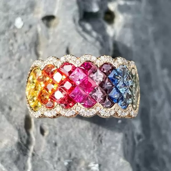 3.6ctw Princess Cut Rainbow Sapphire Band Ring