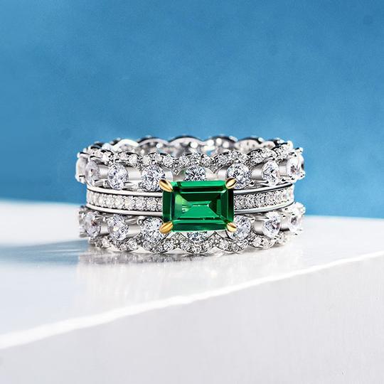 Emerald Double Row Sterling Silver Engagement Ring