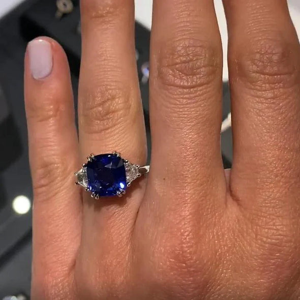 Cushion Cut Sapphire Blue Three-Stone Engagement Ring