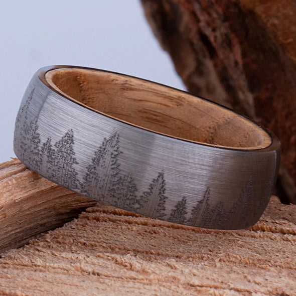 Forest Tungsten Men's Ring with Whiskey Barrel