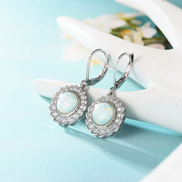 Opal Halo Sterling Silver Drop Earrings