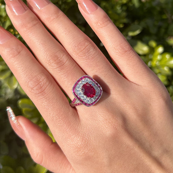 Vintage Ruby Halo Oval Cut Sterling Silver Engagement Ring