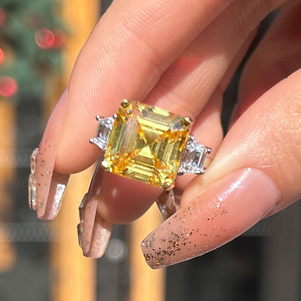 Three Stone Yellow Emerald Cut Sterling Silver Engagement Ring