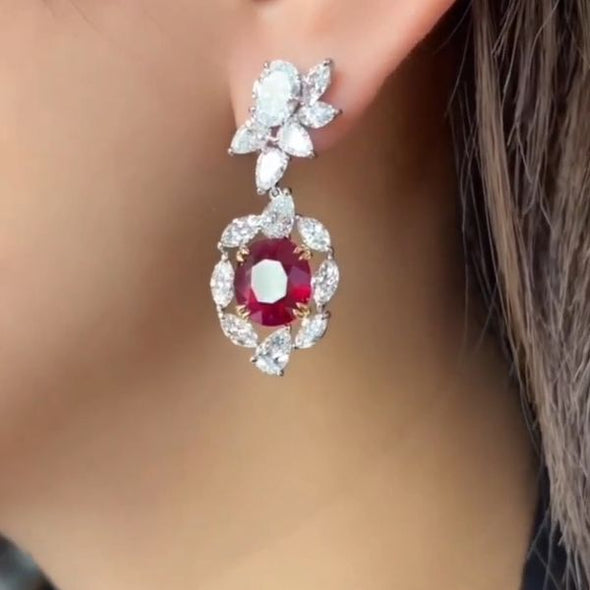 Flower Design Oval Cut Ruby Drop Earrings