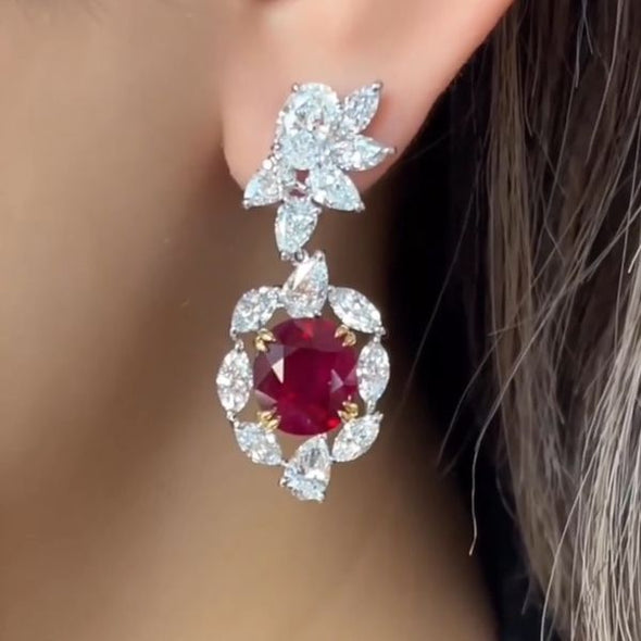 Flower Design Oval Cut Ruby Drop Earrings