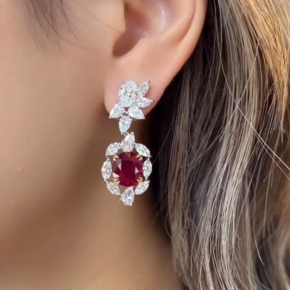 Flower Design Oval Cut Ruby Drop Earrings