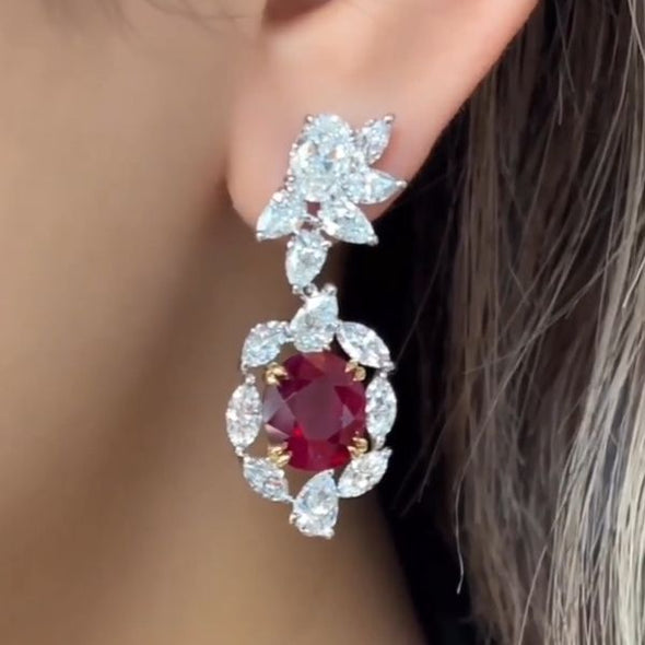 Flower Design Oval Cut Ruby Drop Earrings