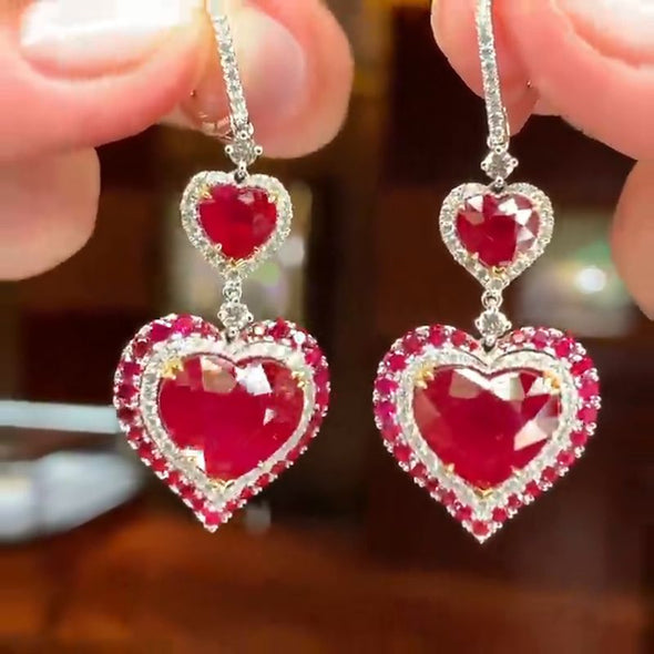 9ct Heart Cut Ruby Paved Earrings