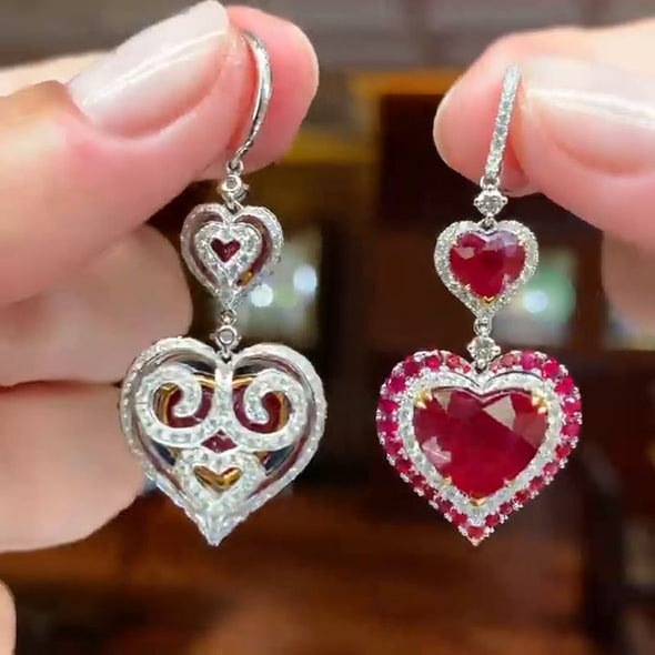 9ct Heart Cut Ruby Paved Earrings