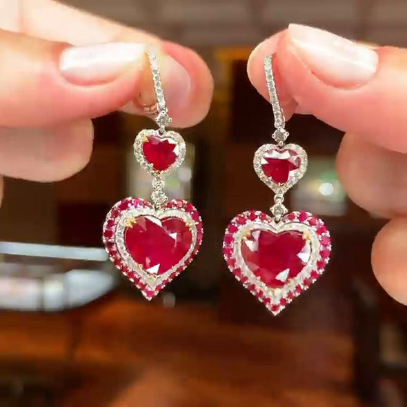 9ct Heart Cut Ruby Paved Earrings